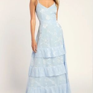 Light Blue Bridesmaid Floral Print Jacquard Tiered Maxi Dress